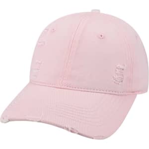 A pink vintage baseball cap with a curved brim and distressed detailing. It has a logo on the front.