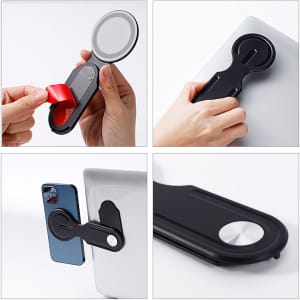 A plastic magnetic phone holder for laptops featuring a black design and an integrated mirror. It includes various angles of use.