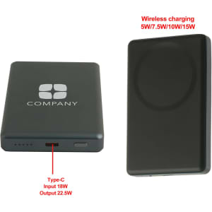 A black aluminium power bank with a wireless charging feature and a logo on its surface.