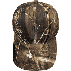 A 6-panel cap featuring True Timber camouflage pattern in earthy tones of brown and green, with a branding logo present.