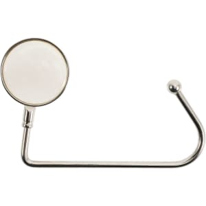 A round, white straight desk hook with a shiny metal base and a small ball at the end.