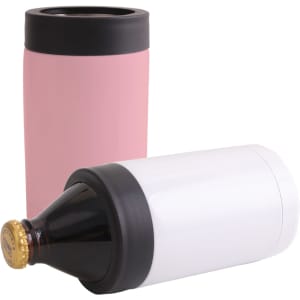 A 14oz stainless steel stubby holder in pink and white, featuring a black top and base, with a logo.