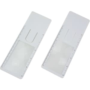 A clear magnifying bookmark with a ruler, featuring a simple design in white. It includes a logo on the surface.