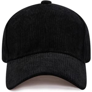 A black corduroy baseball cap with a rounded crown and a curved peak, featuring a logo on the front.