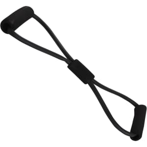 A black Figure 8 resistance band with handles, designed for fitness and sporting activities.
