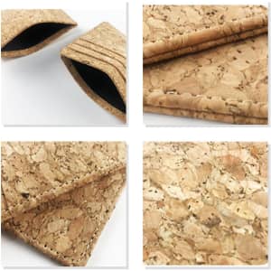 A cork card holder featuring a natural texture, highlighting its earthy tones and detailed stitching.