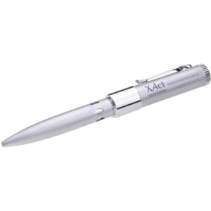 A silver pen with a sleek design that features a logo, designed as a flash drive.