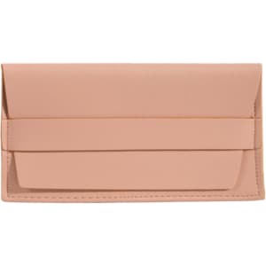 A soft pink PU leather glasses pouch with a folded flap closure and a logo.
