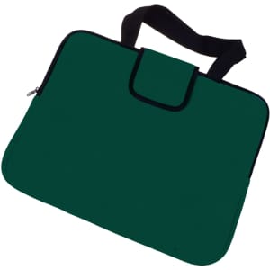 A green deluxe laptop bag with black handles and a zipped closure, featuring a sleek design and a logo.