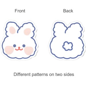 Acrylic UV print clip featuring a cute bunny design with different patterns on each side, predominantly in pastel colours.