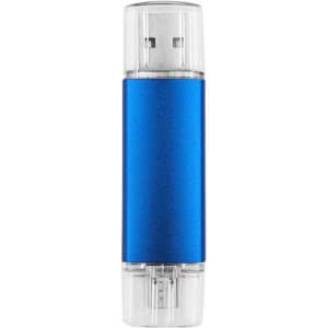 A blue double-end Type C flash drive with transparent ends, featuring a logo.