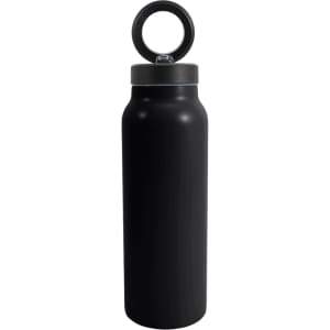 A drink bottle made of black stainless steel, featuring a vacuum design and a magnetic phone holder.