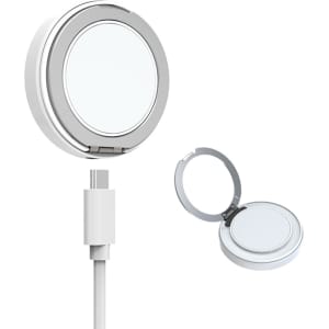 A magnetic wireless charging stand in silver and white, featuring a sleek design and a USB cable connection.