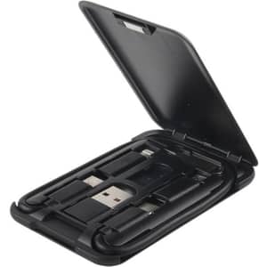 A black multifunctional cable case with various charging cables neatly stored inside. It has a logo on the exterior.