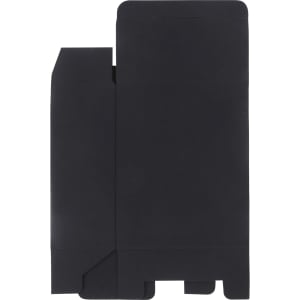 A small square black gift box with a flap design, featuring a simple logo on its surface.