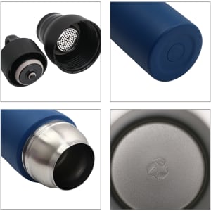 A drink bottle with a navy blue exterior, stainless steel bottom, and a black lid featuring a logo.