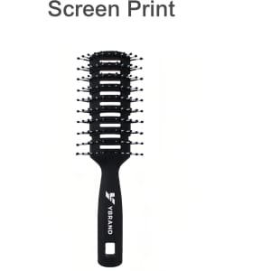 A black vent hair brush with wide teeth and a handle featuring a logo.