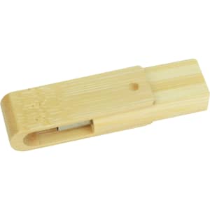 A wooden flash drive in a light bamboo colour with a sliding design and a logo.
