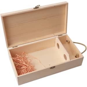 A wooden wine box in natural finish with a hinged lid and ribbon. It includes dividers for two bottles.