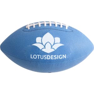 A light blue American football with white stitching and a logo on one side.