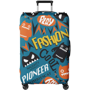 A suitcase cover featuring a colourful design with playful monster graphics, including shades of blue, orange, and black.