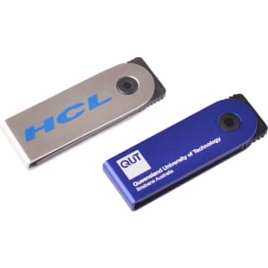 A silver and blue Mini Festin flash drive with logos, featuring a sleek design suitable for technology use.