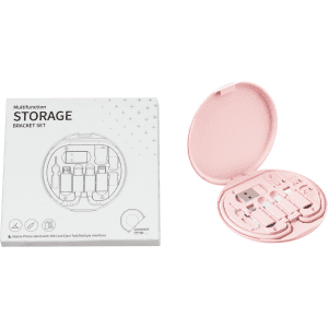 A round, pink storage kit containing multiple cables and connectors in an open case, with an accompanying box.