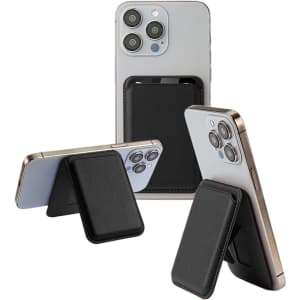 A black PU foldable magnetic card holder with phone stand, attached to two smartphones, showcasing its features.