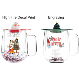A double wall mug featuring a festive design with a red lid and decorative elements, including a Santa and a Christmas tree.