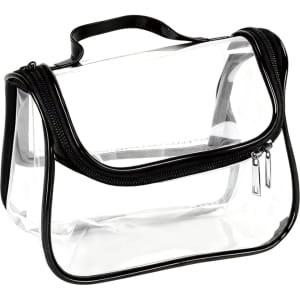 A transparent cosmetic bag with black accents, featuring a zippered closure and a top handle.