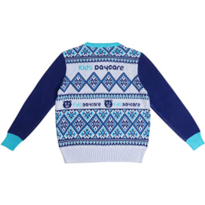 A unisex winter acrylic cotton jacquard sweater in blue with patterned sleeves and a logo on the back.