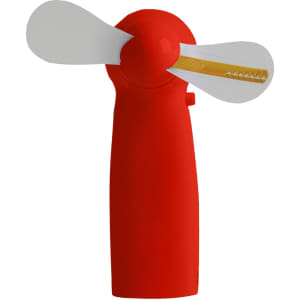 A red handheld fan with white blades and a yellow accent, featuring a logo on its body.