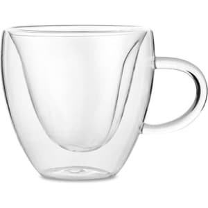 A double wall mug with a clear, glass design and a handle. It features a sleek, modern shape.