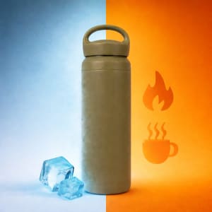 A drink bottle in beige stainless steel with a handle, surrounded by ice cubes against a contrasting blue and orange background.