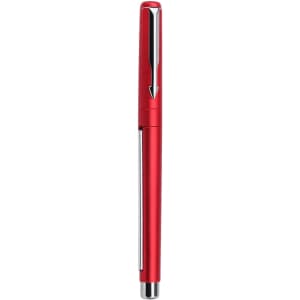 A red pen with a chrome clip and trim, featuring a sleek design and a shiny finish.