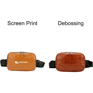 A polyurethane fanny pack in tan with a logo, featuring a zip closure and an adjustable strap.