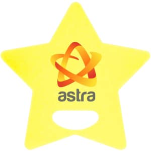 A star-shaped yellow fan featuring a logo in the centre. No handles are present.