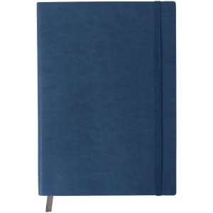 A blue B5 PU cover notebook with an elastic band and a ribbon bookmark, featuring a logo on the front.