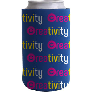 A drink bottle holder in navy blue featuring multi-coloured text and a logo design.