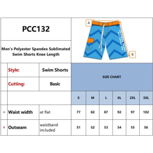 Knee-length men's swim shorts in blue with a zigzag pattern, featuring a logo and adjustable waistband.