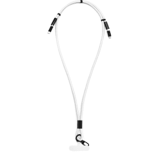 A white charging phone lanyard with black accents and multiple connector ends. Features a logo.