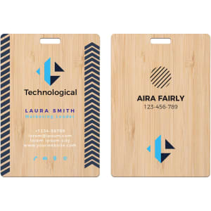 A bamboo name tag featuring a wooden texture with blue and black geometric designs. It has a hole for attachment.