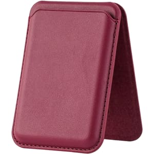 A maroon PU foldable magnetic card holder that doubles as a phone stand, featuring a simple design and a logo.