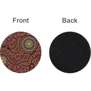 A round soft diatomaceous coaster featuring a vibrant Aboriginal-style design on the front and a black back.