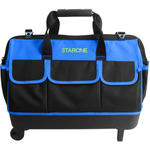 A wheeled tool bag in black with blue accents and multiple front pockets. It features sturdy handles and a retractable handle.