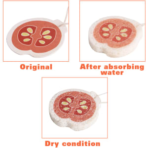 A set of three expandable dishwashing sponges in a tomato shape, showing original, wet, and dry conditions.