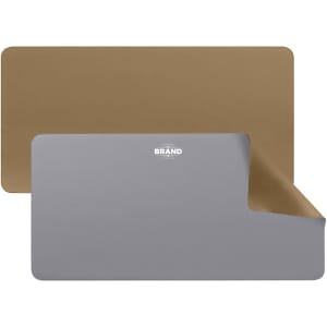 A PU leather desk mat featuring a grey side and a brown side, with a small logo on the surface.