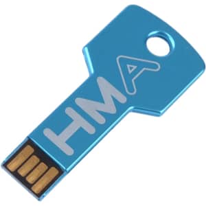 A blue square key-shaped flash drive with a branding logo, featuring a gold connector tip.