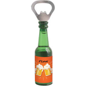 A green, bottle-shaped opener with a silver metal cap and a logo, featuring an orange label with beer graphics.