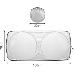 A Twin Circular light-blocking car sun shade in white, displayed flat and folded, with measurements included.
